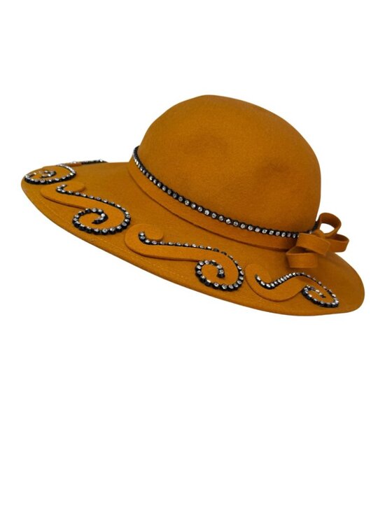 Mustard Wool Felt Wide Brim Hat Rhinestone Trim Bow‎ Bollman 1980s main image 9